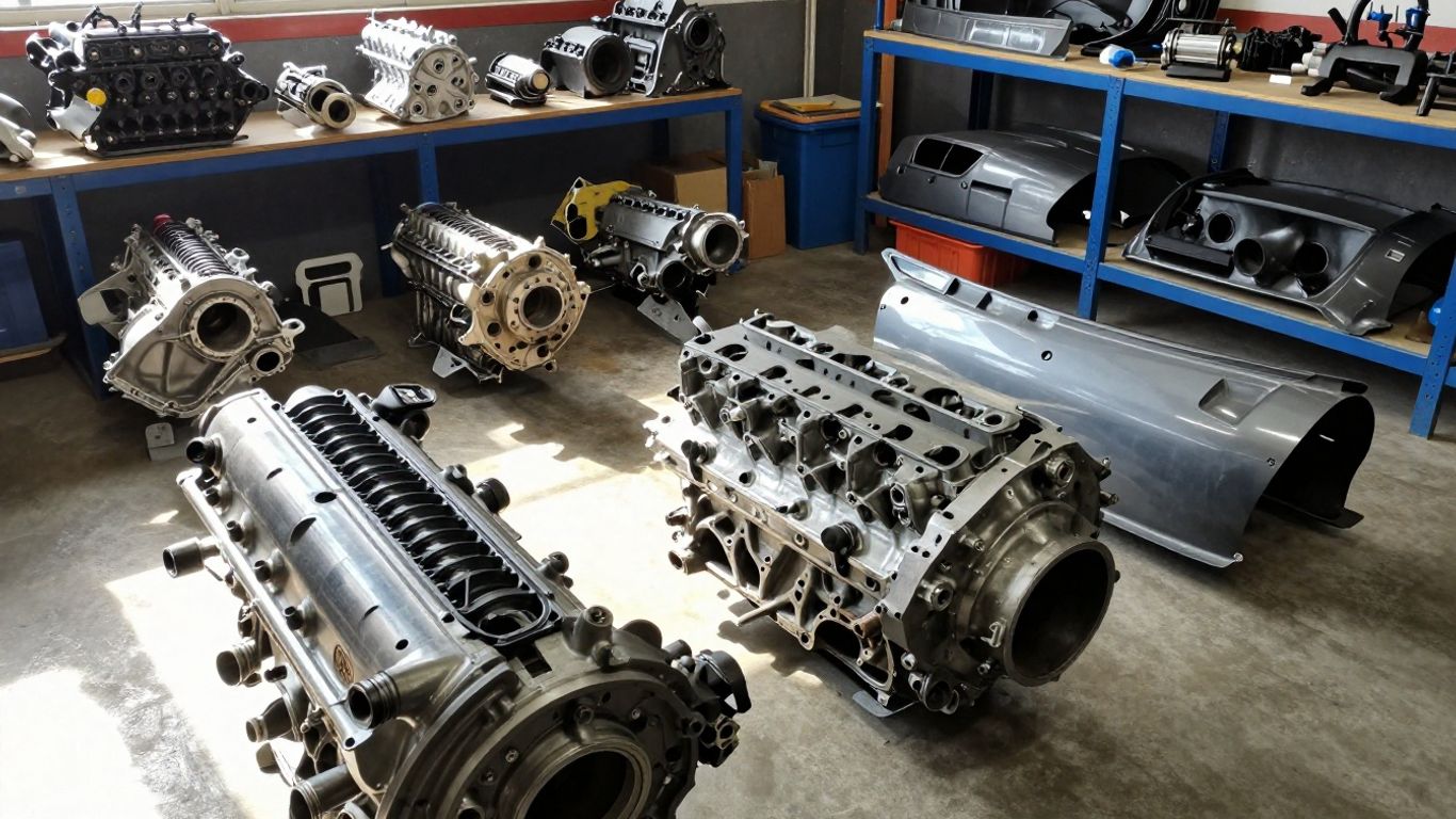 Used Subaru car parts in a workshop
