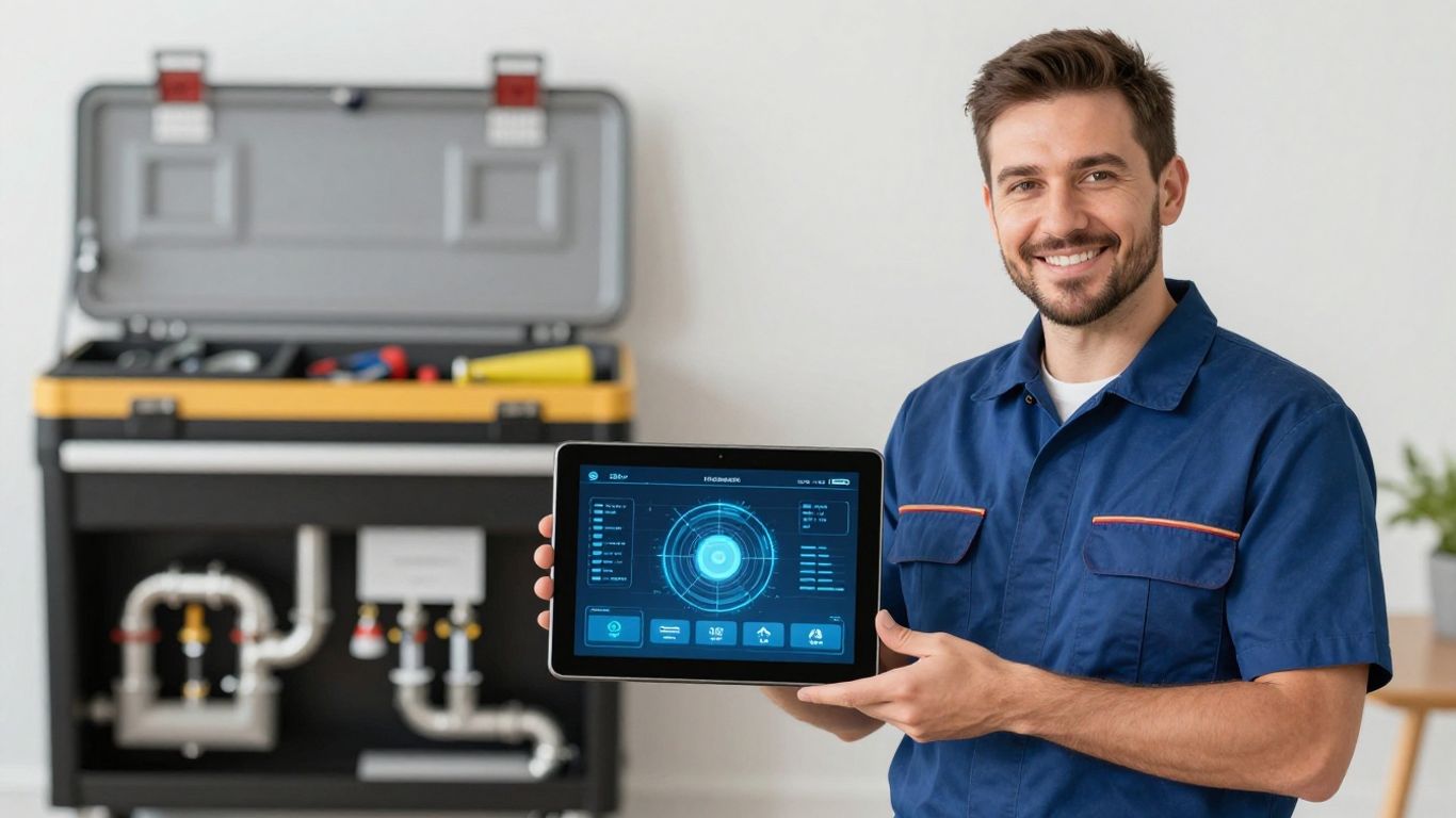 Plumber using AI tool on tablet in Australia