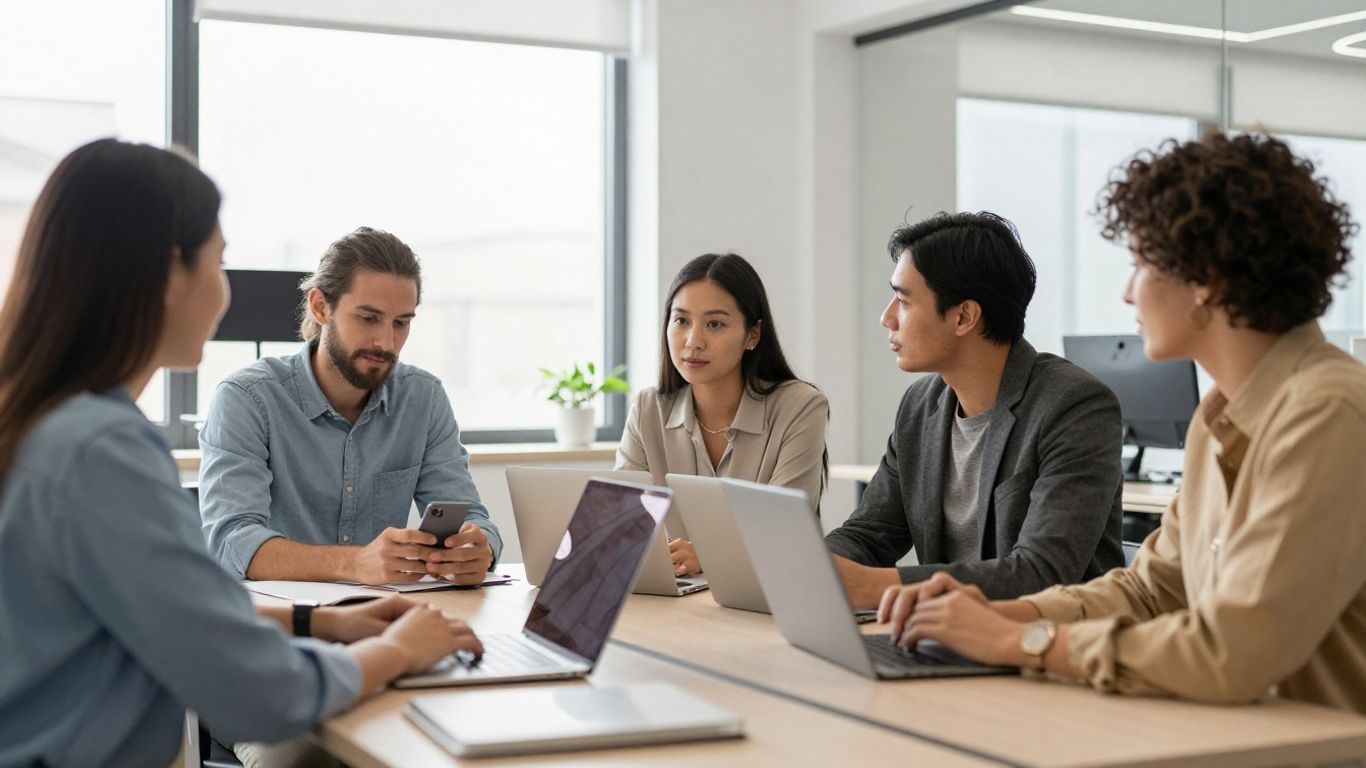 A diverse professional group collaborating in modern office space