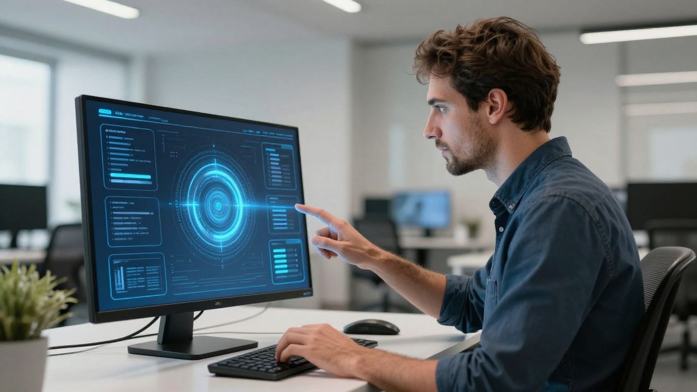 Mann im Büro mit digitaler Schnittstelle
