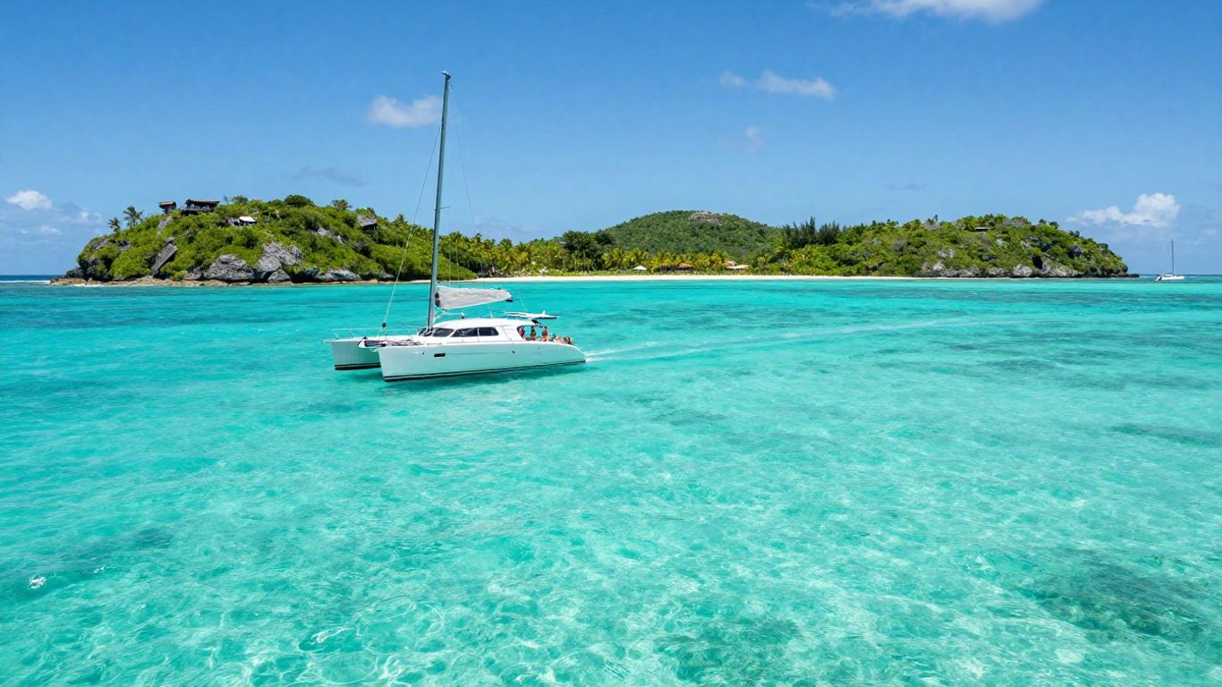 Catamaran sailing in clear Caribbean waters near islands.