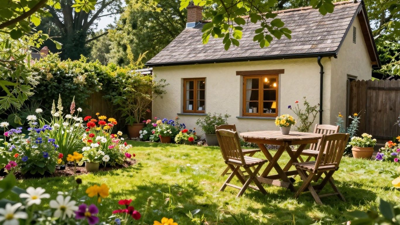 Holiday cottage with a private garden and outdoor seating.