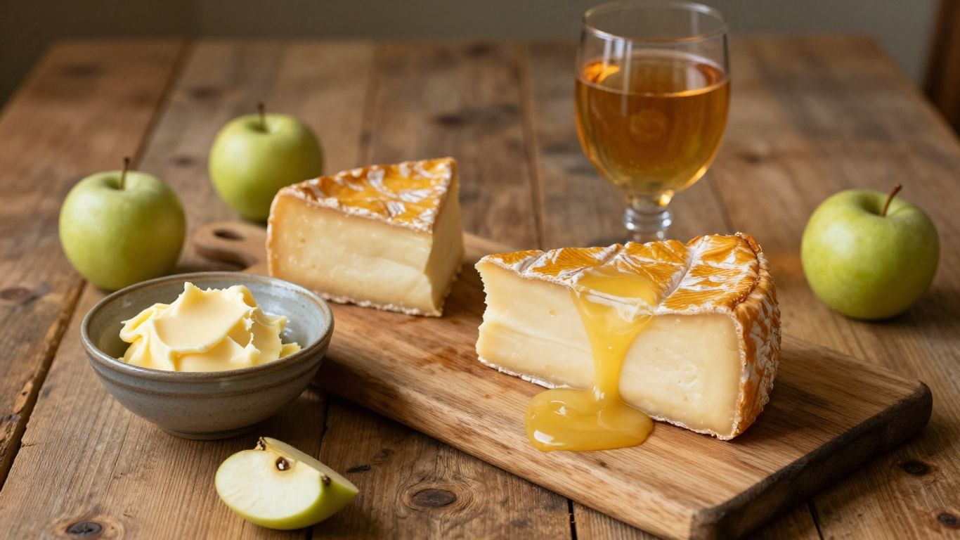Normandy cheese, butter, cider, and apples on a table.