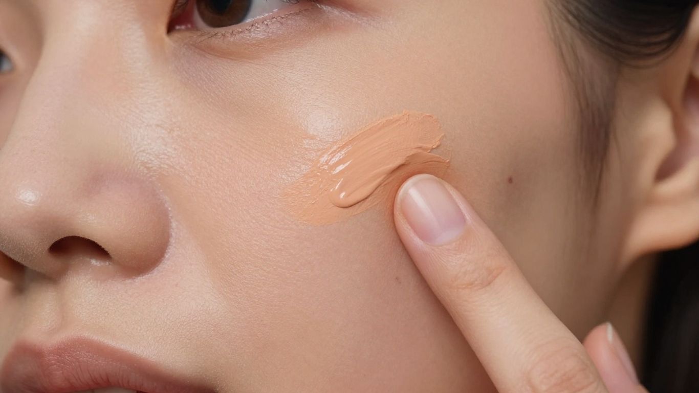 Close-up of peach corrector applied to acne marks