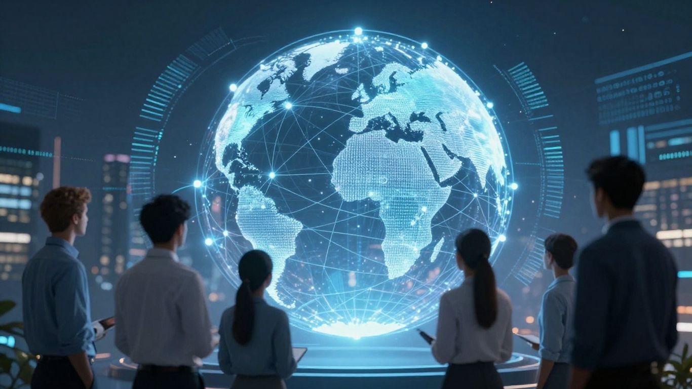 Global AI talent landscape with professionals and holographic globe.