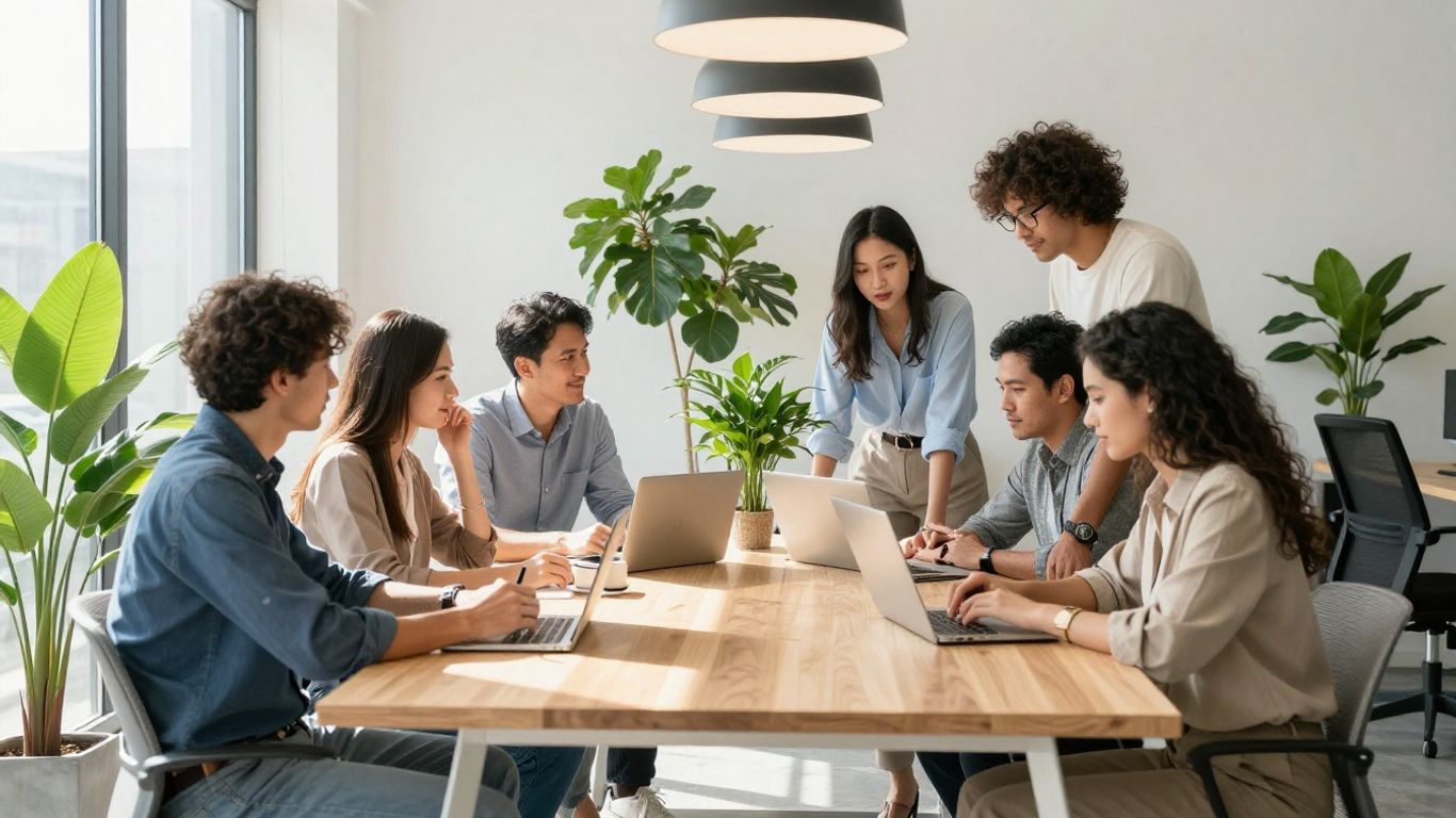 Diverse team collaborating in a modern, sunlit office.