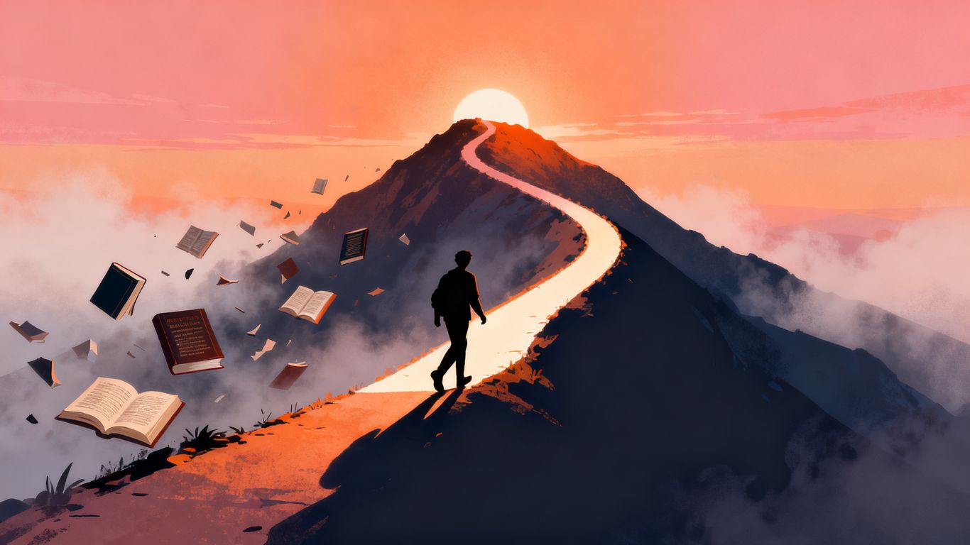 Person climbing a path, leaving behind discarded learning materials.