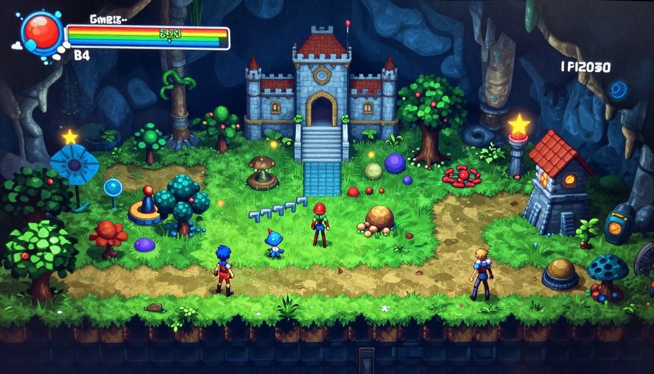 Imagem de capa ilustrando mundos conectados de jogos estilo metroidvania, com personagens explorando cavernas, florestas e castelos, cheios de plataformas e áreas secretas
