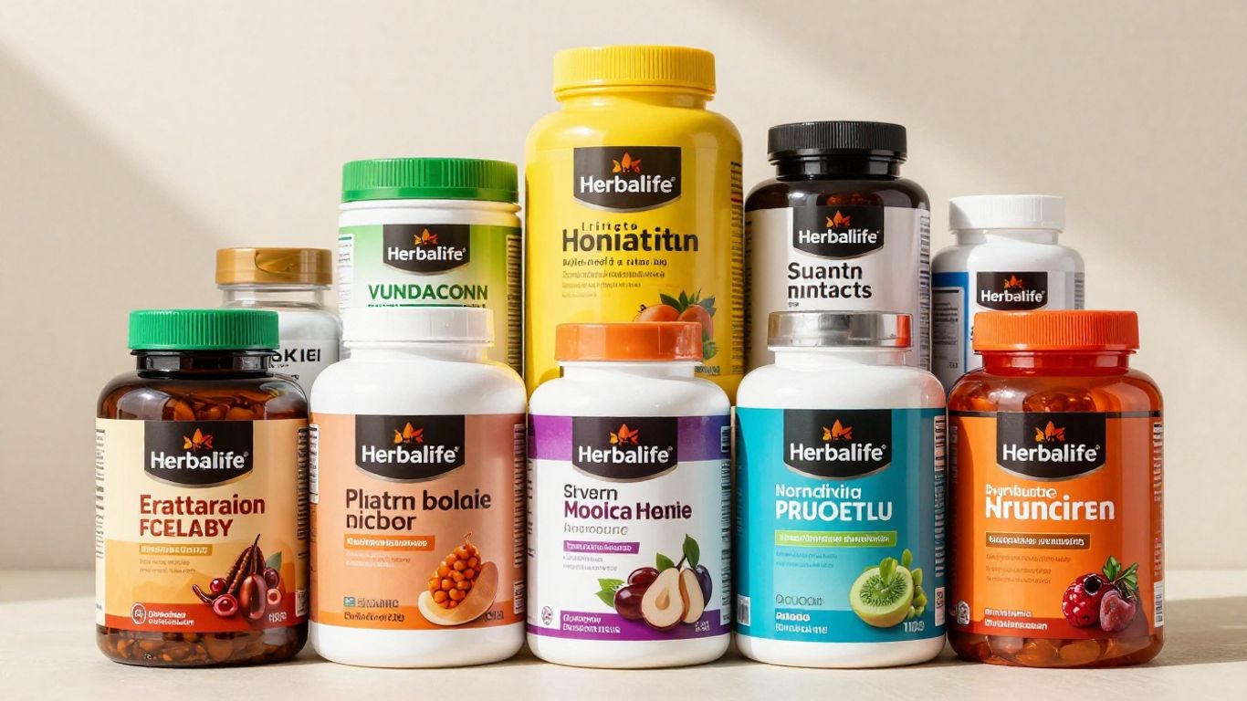 Herbalife nutrition products arranged attractively.