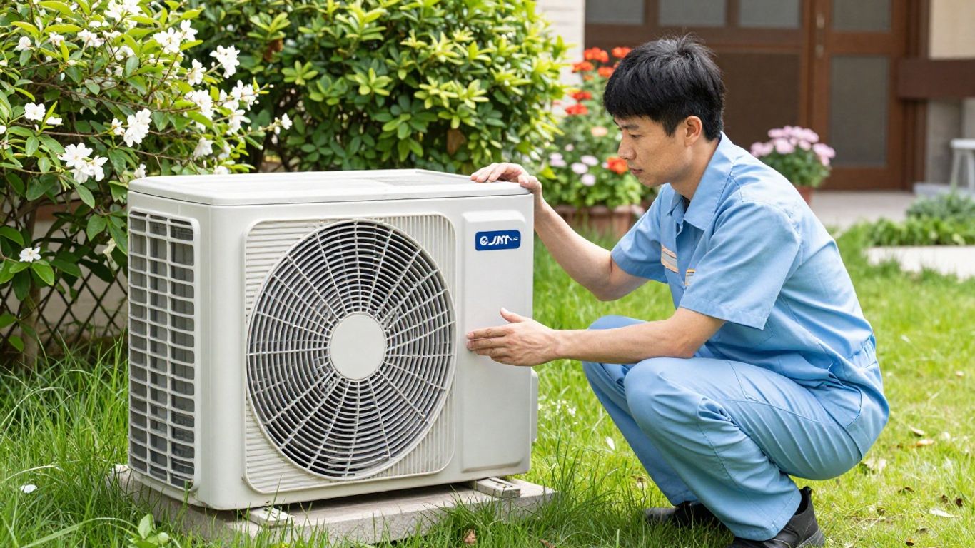 HVAC technician performing spring tune-up on outdoor unit.