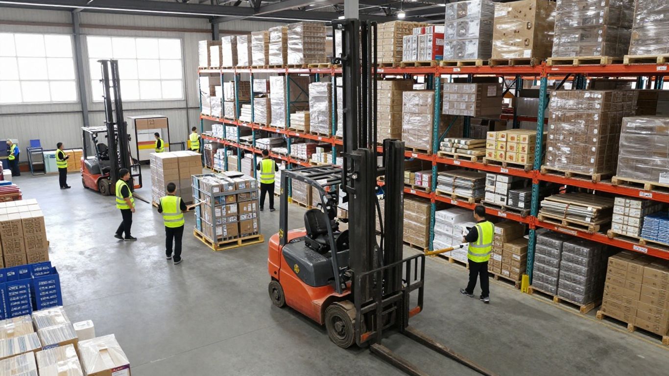Distribution center operations with forklifts and teams.