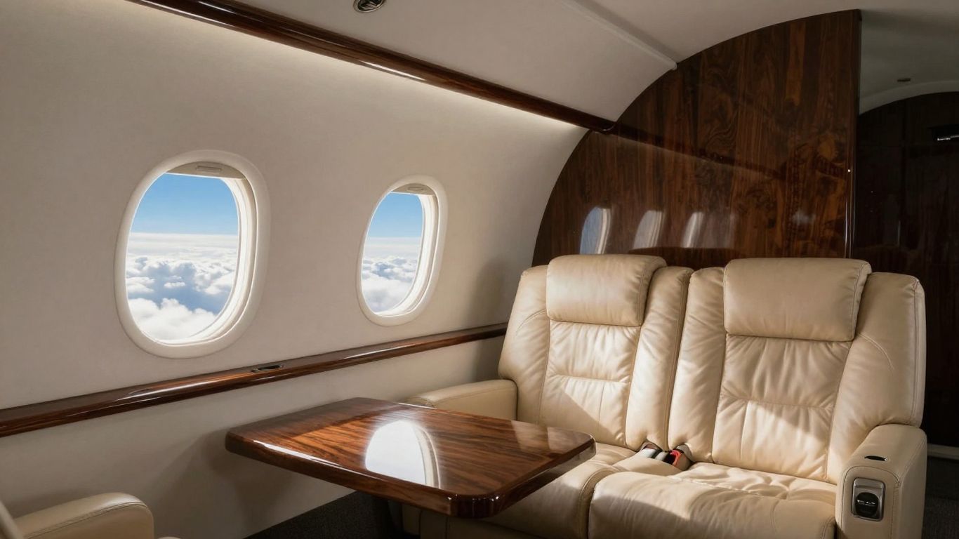 Luxurious private jet interior with comfortable seating.