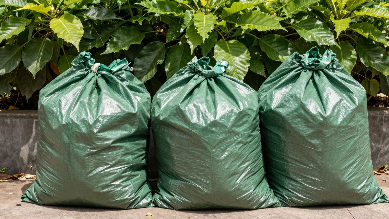Compostable rubbish bags next to a green plant.
