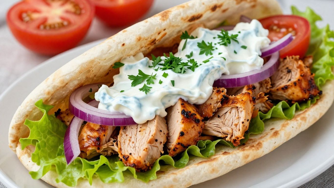 Delicious Greek chicken gyro with fresh toppings.