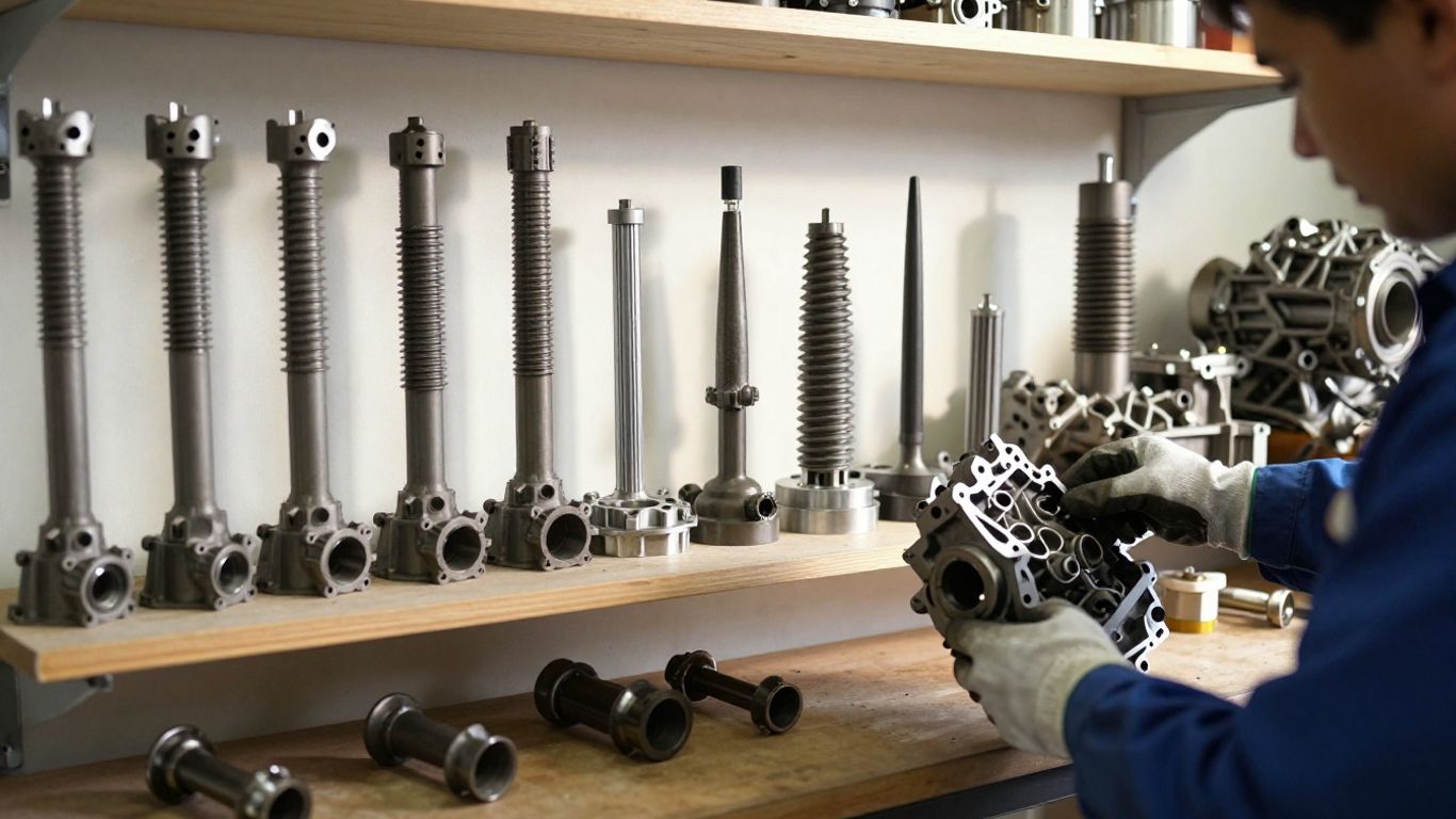 Automotive transmissions and differentials in a workshop.