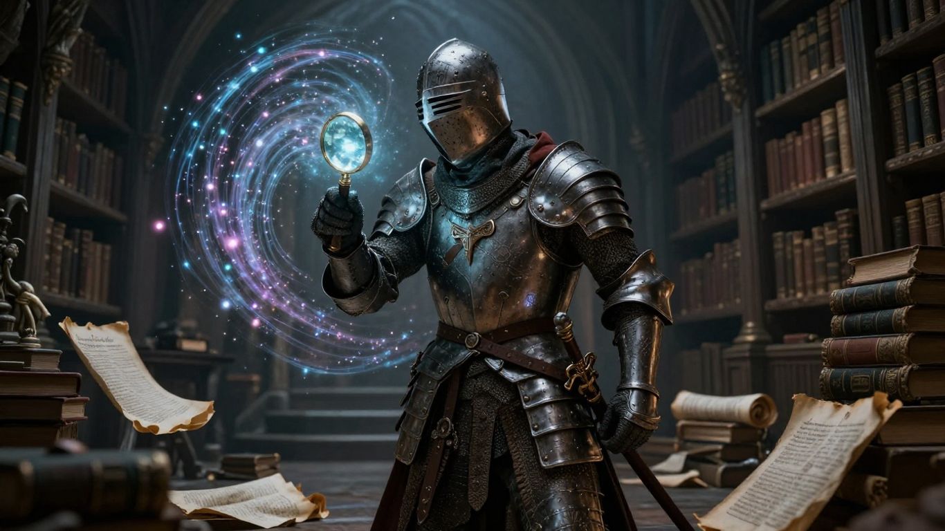 Knight examining a glowing vortex with a magnifying glass.