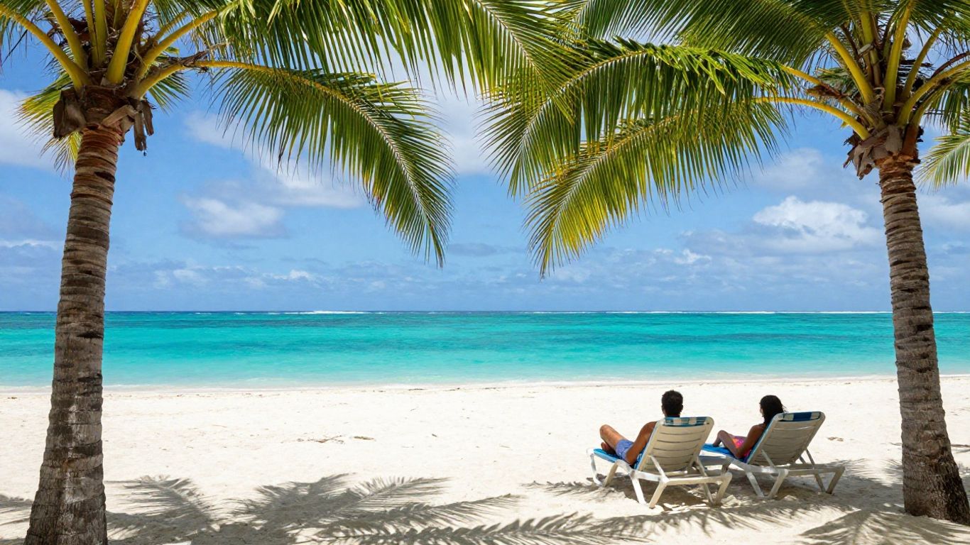 Couple relaxing on a tropical beach with clear blue water.