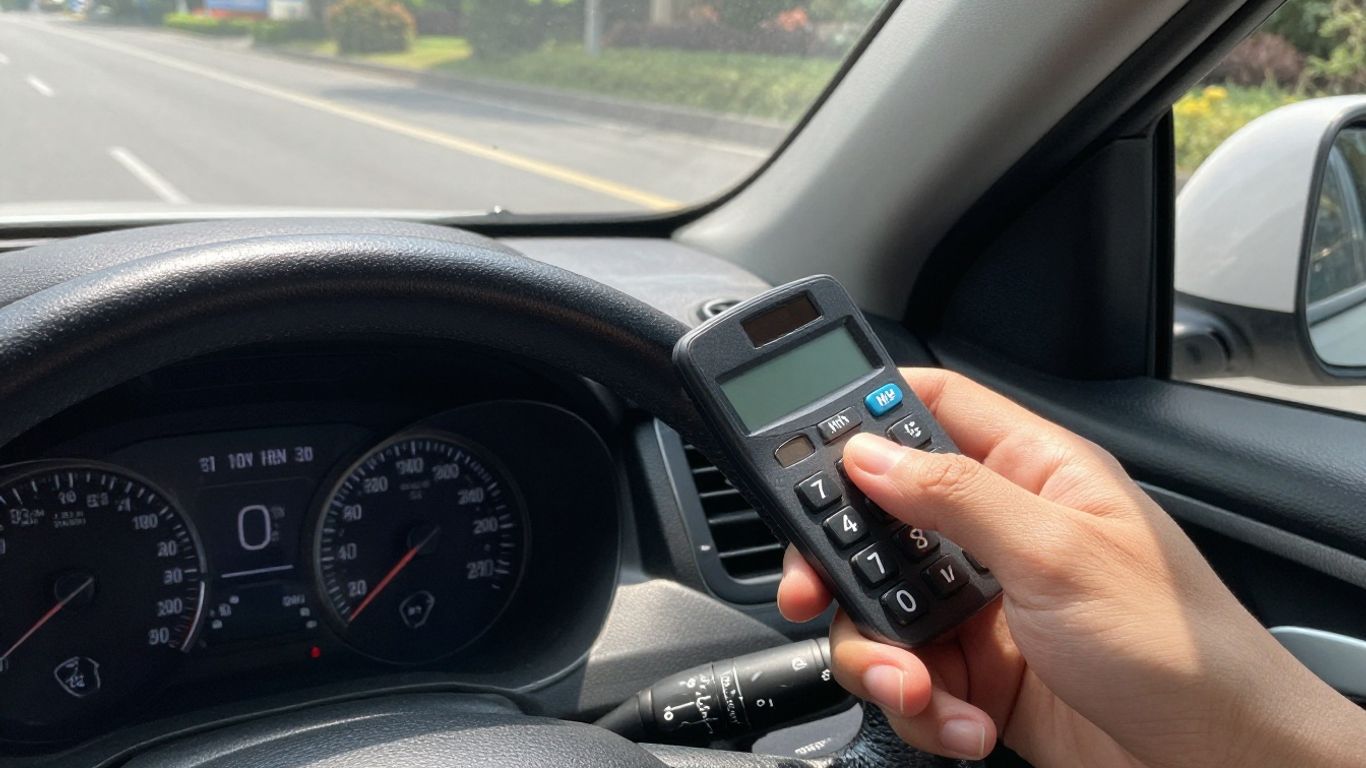 Car dashboard with hand holding calculator