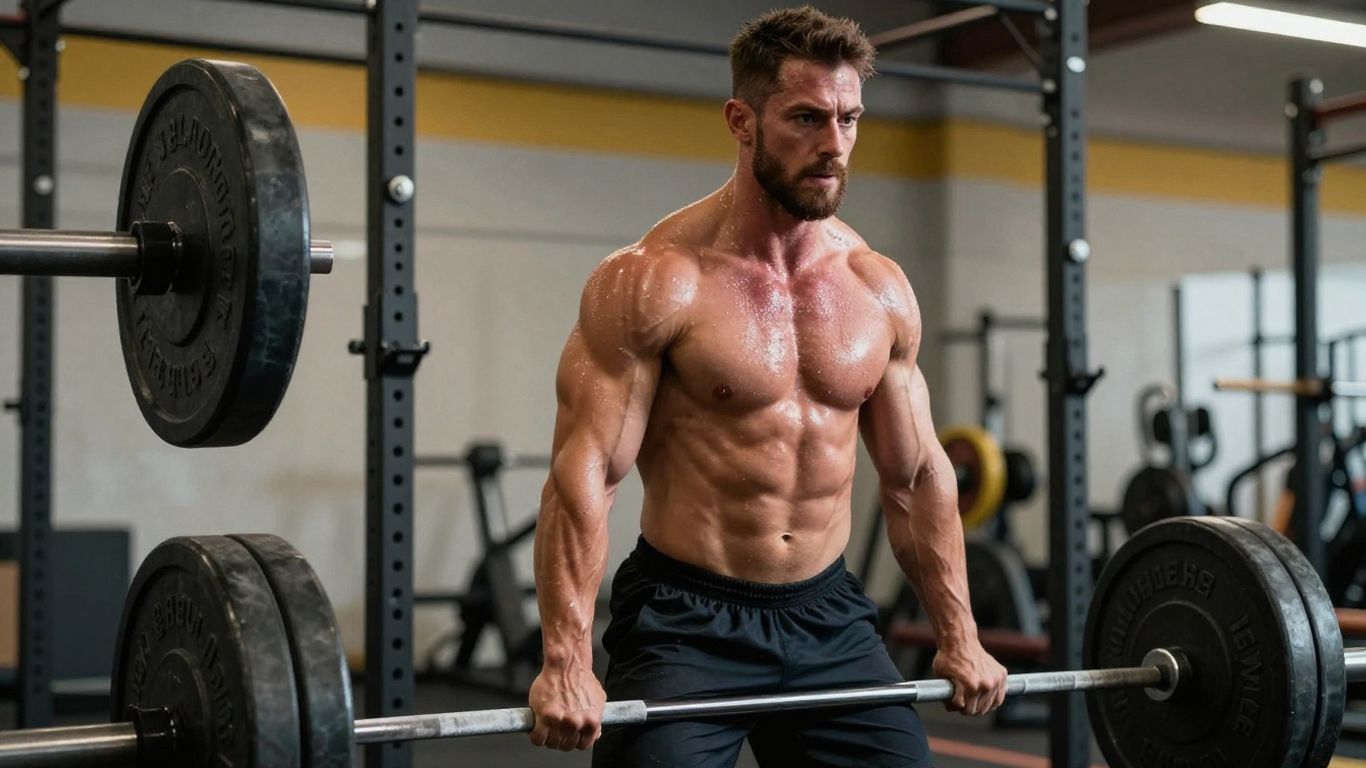 Muscular powerlifter lifting heavy barbell in gym.