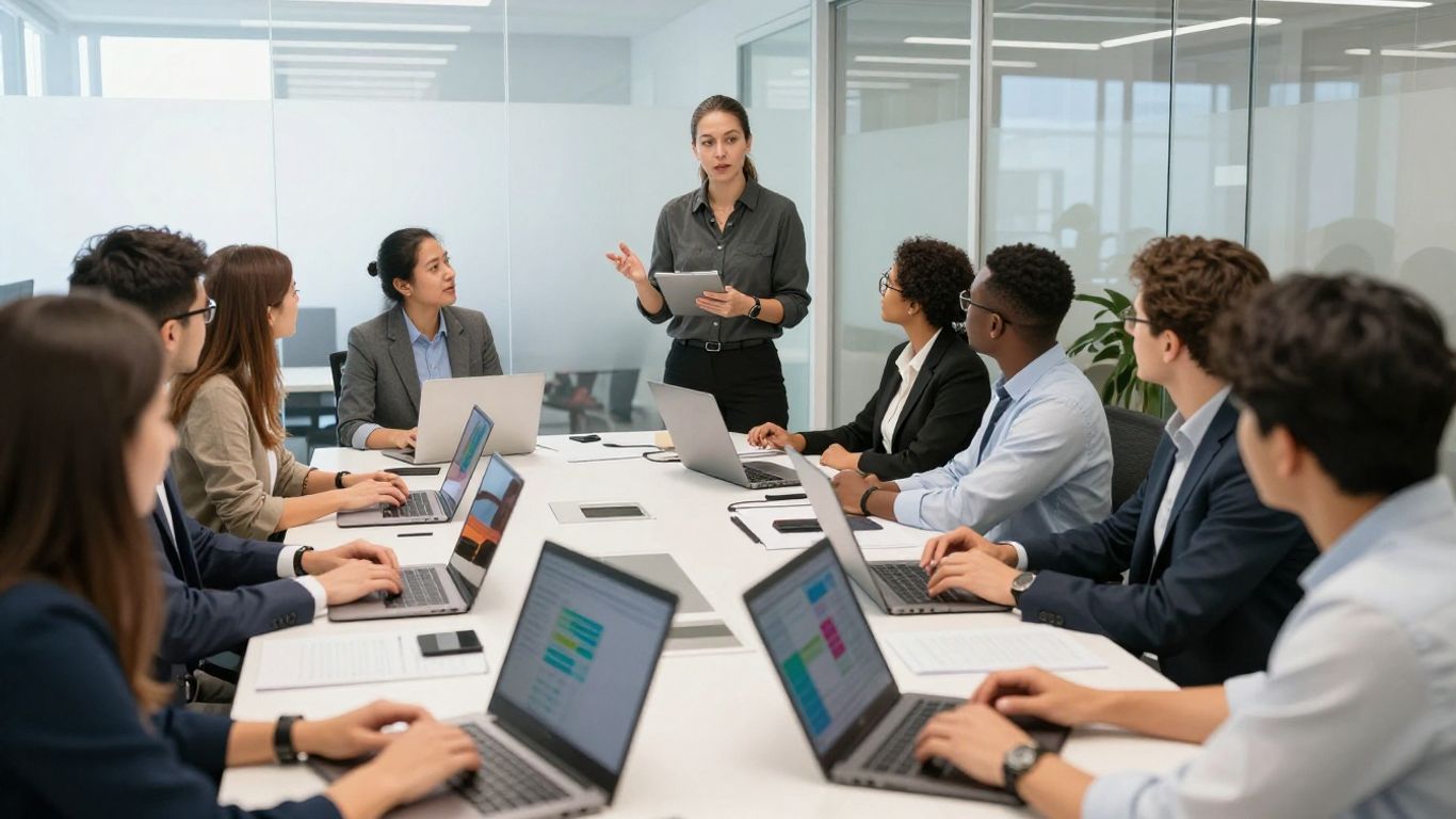 Employees exploring internal career paths together