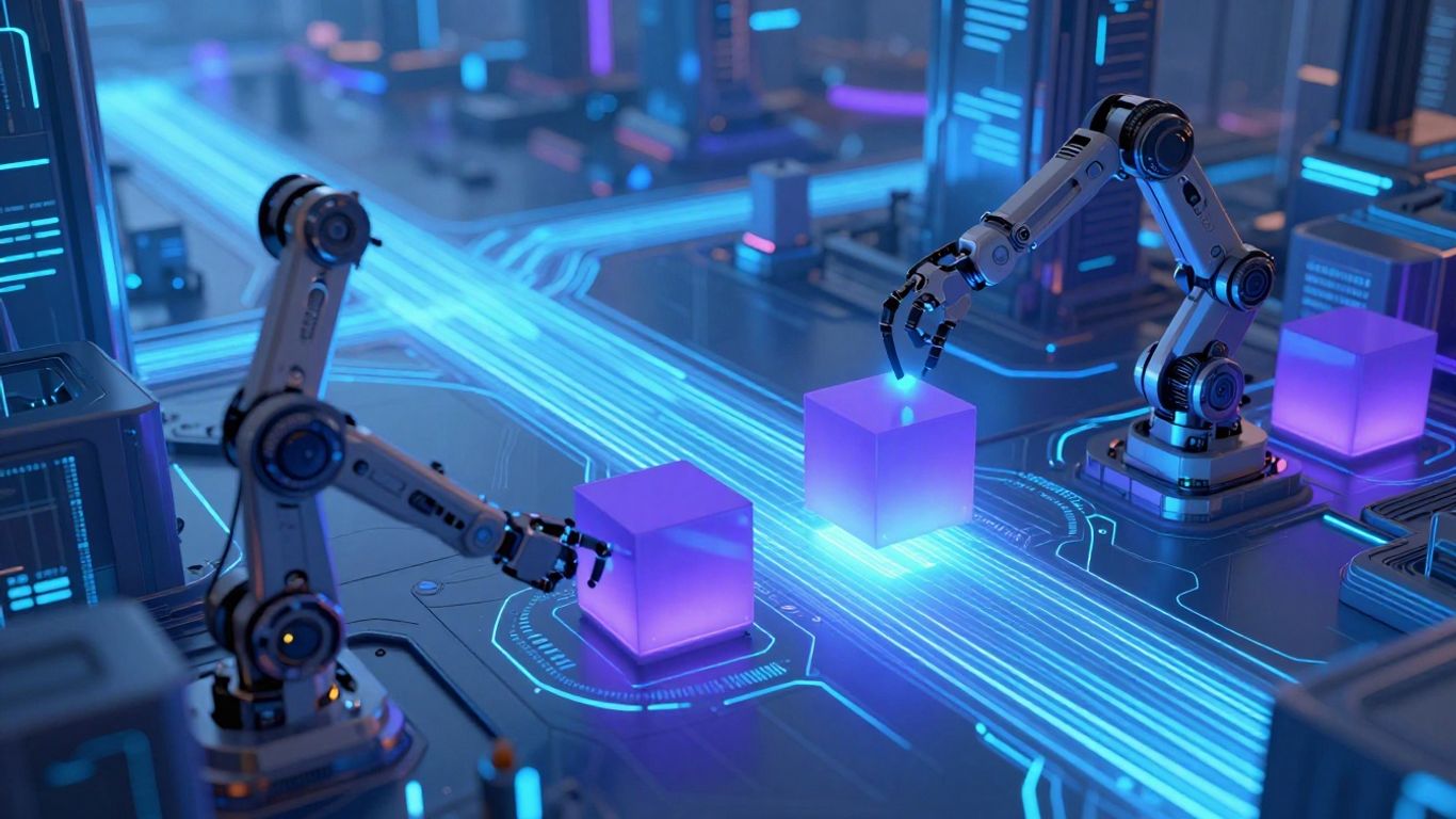 Futuristic cityscape with automated processes and glowing pathways.