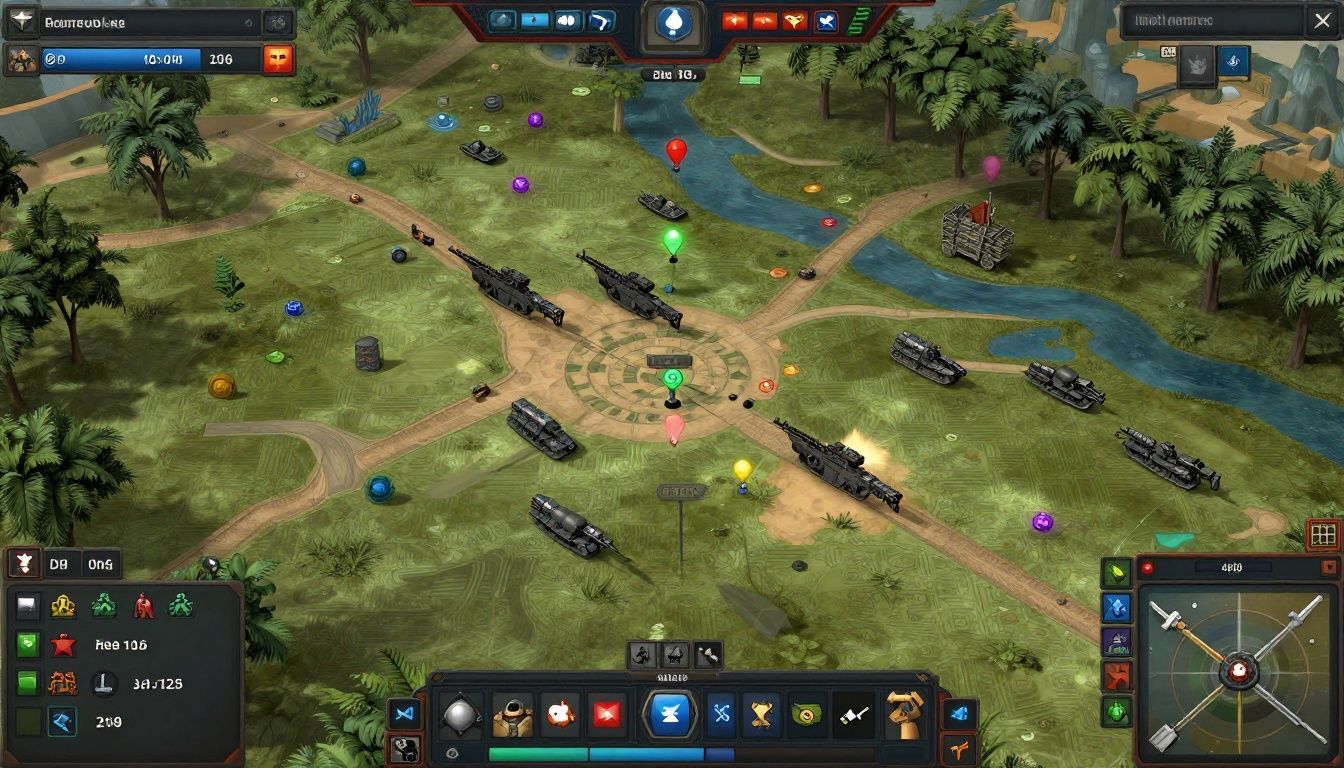 Uma interface complexa de um jogo de estratégia em tempo real exibindo um mapa tático detalhado com unidades em confronto