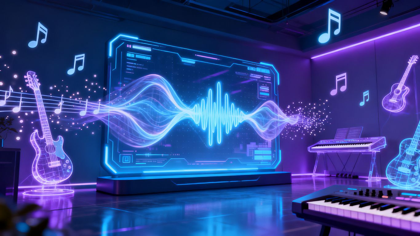 AI creating music in a futuristic studio.