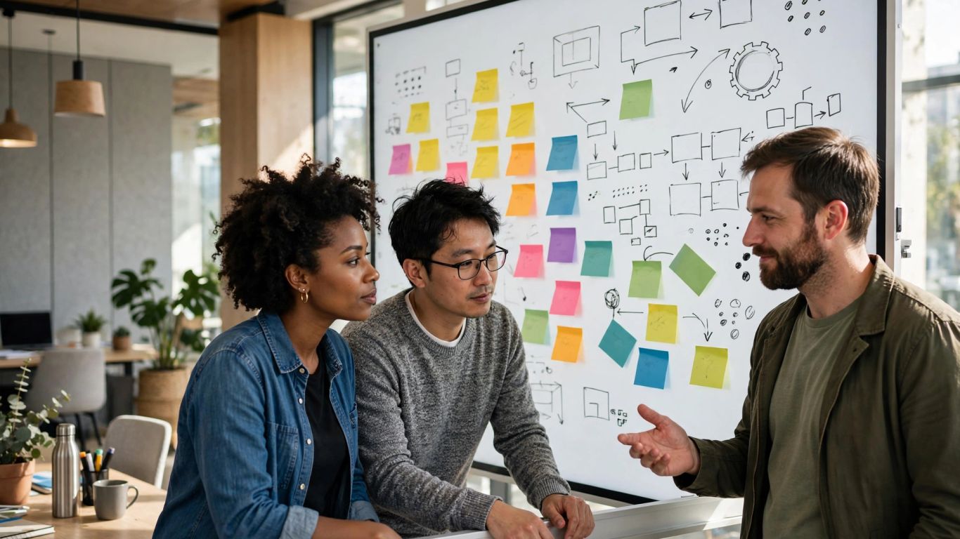 Personas organizan notas en una pizarra digital amplia