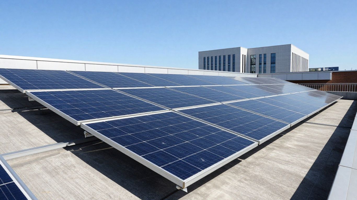 Solar panels on a roof under a blue sky.