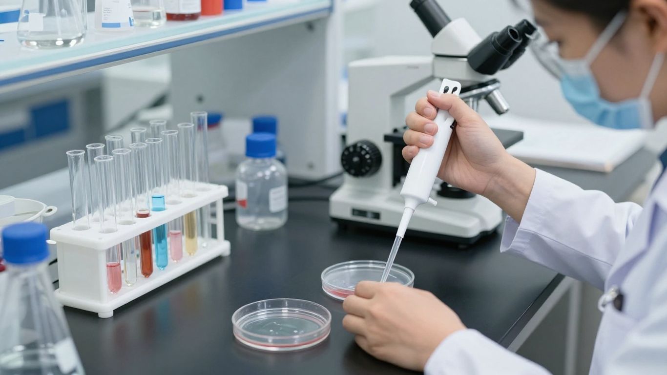 Laboratory supplies and equipment on a clean benchtop.