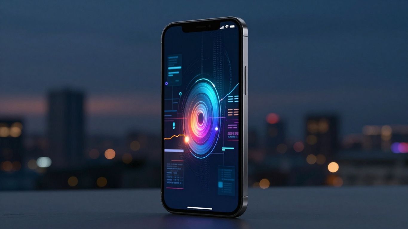 Teléfono inteligente con interfaz digital futurista.