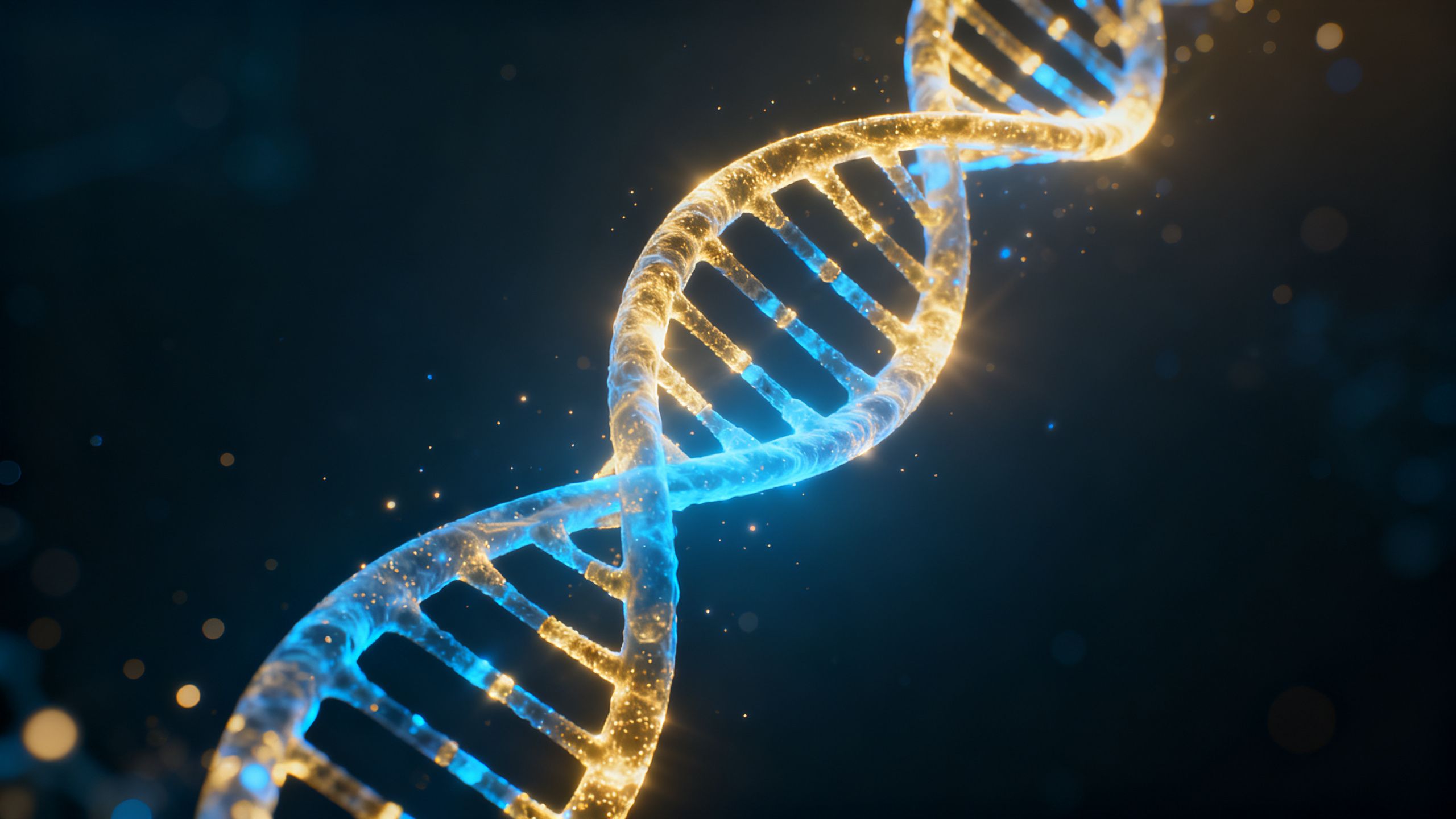 A futuristic-looking DNA helix glowing, symbolizing cellular repair and longevity.