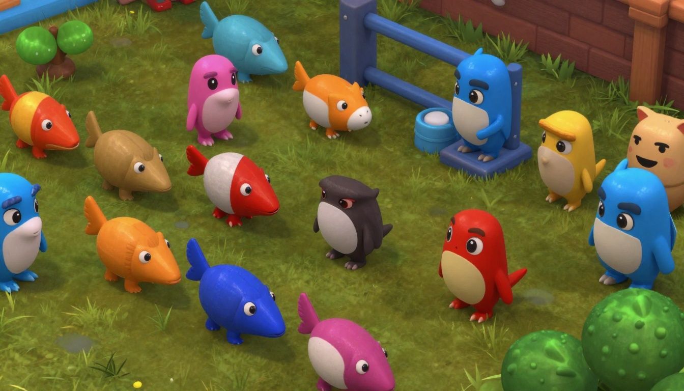 Patos coloridos sendo organizados em fileiras dentro de um cenário divertido e relaxante de videogame