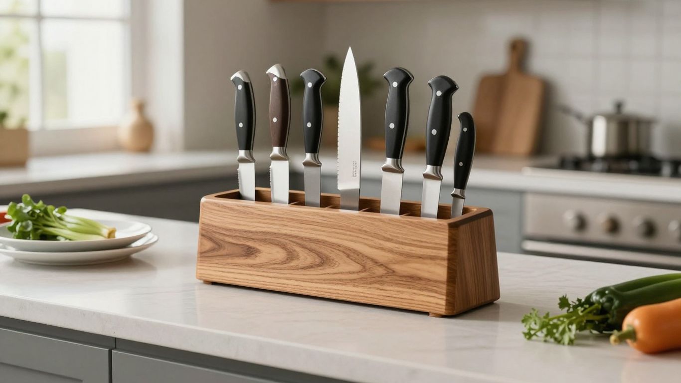 Modern knife set on kitchen counter with vegetables.