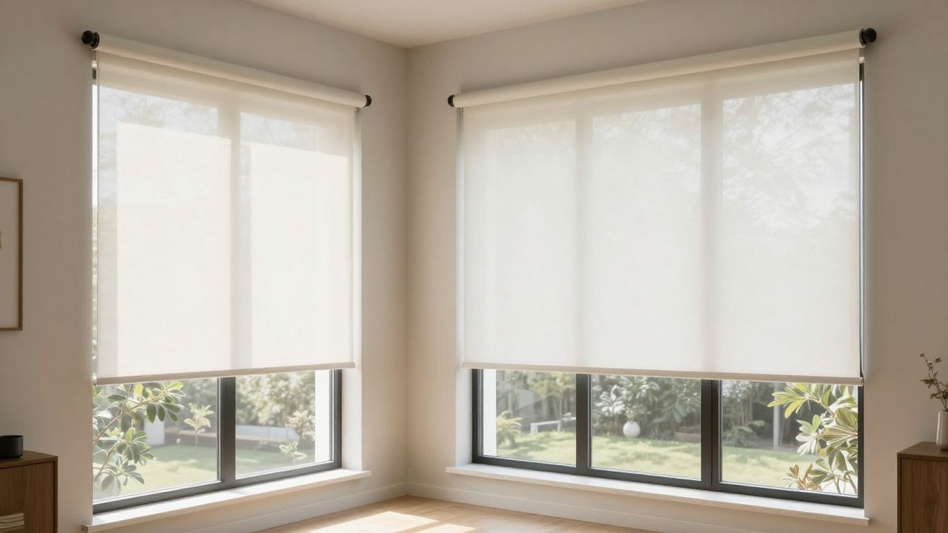 Modern living room with cordless blinds covering windows.