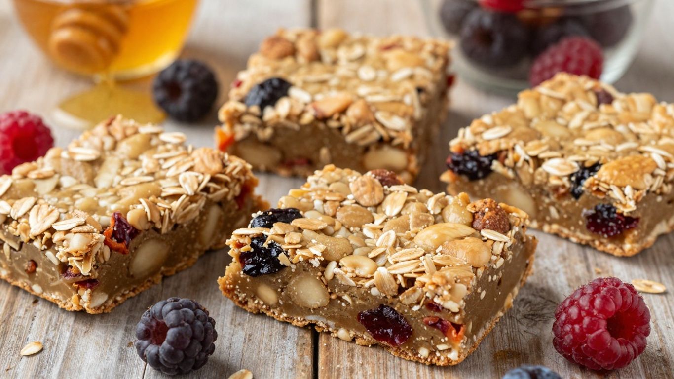 Healthy homemade breakfast bars with oats, nuts, and fruit.