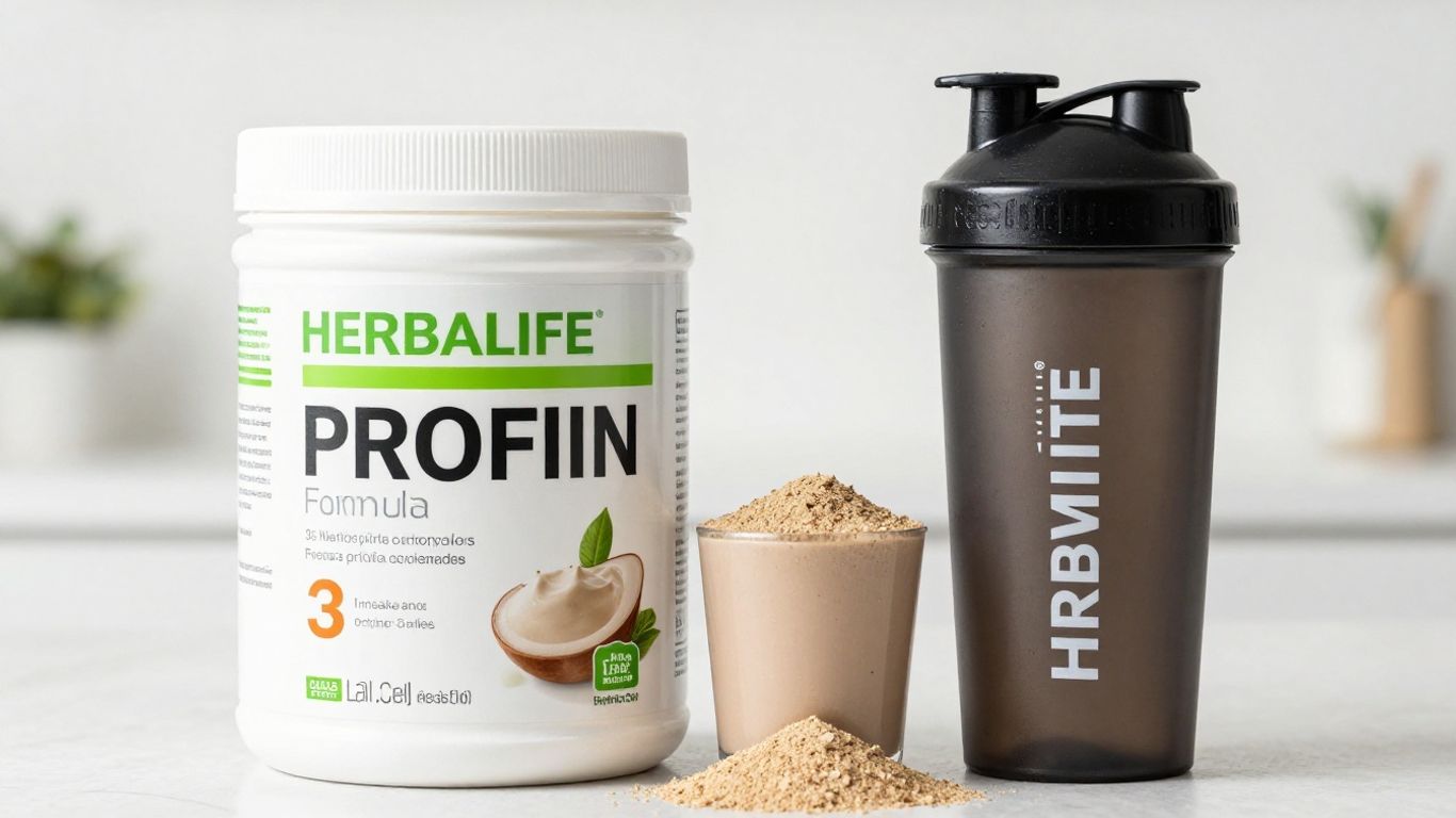 Herbalife protein powder tub and shaker bottle.