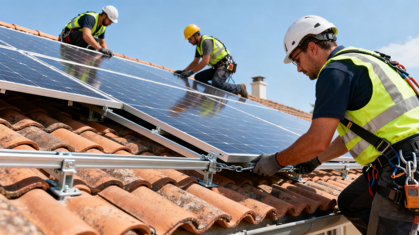 Professional solar team installing panels on residential roof