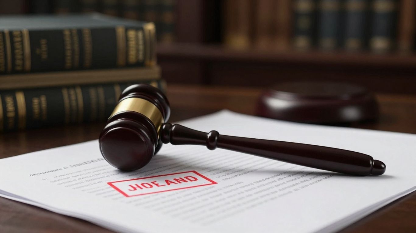 Legal document with gavel and blurred courtroom background.