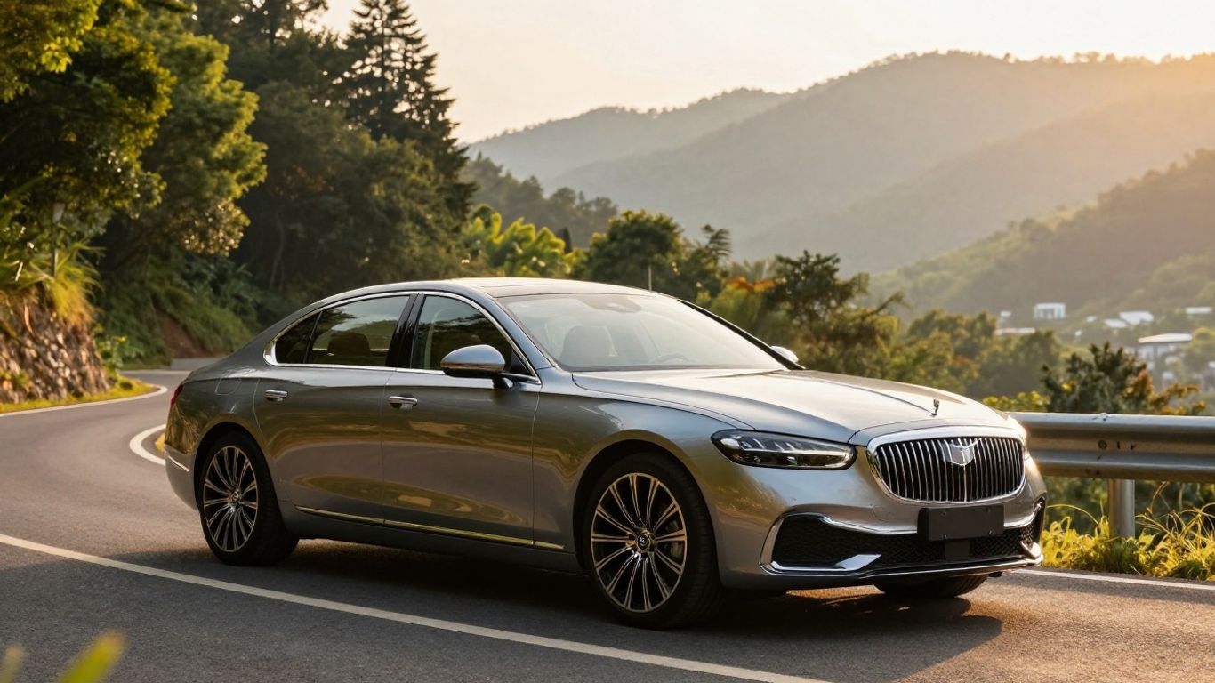 Luxury car on a scenic road at sunset.