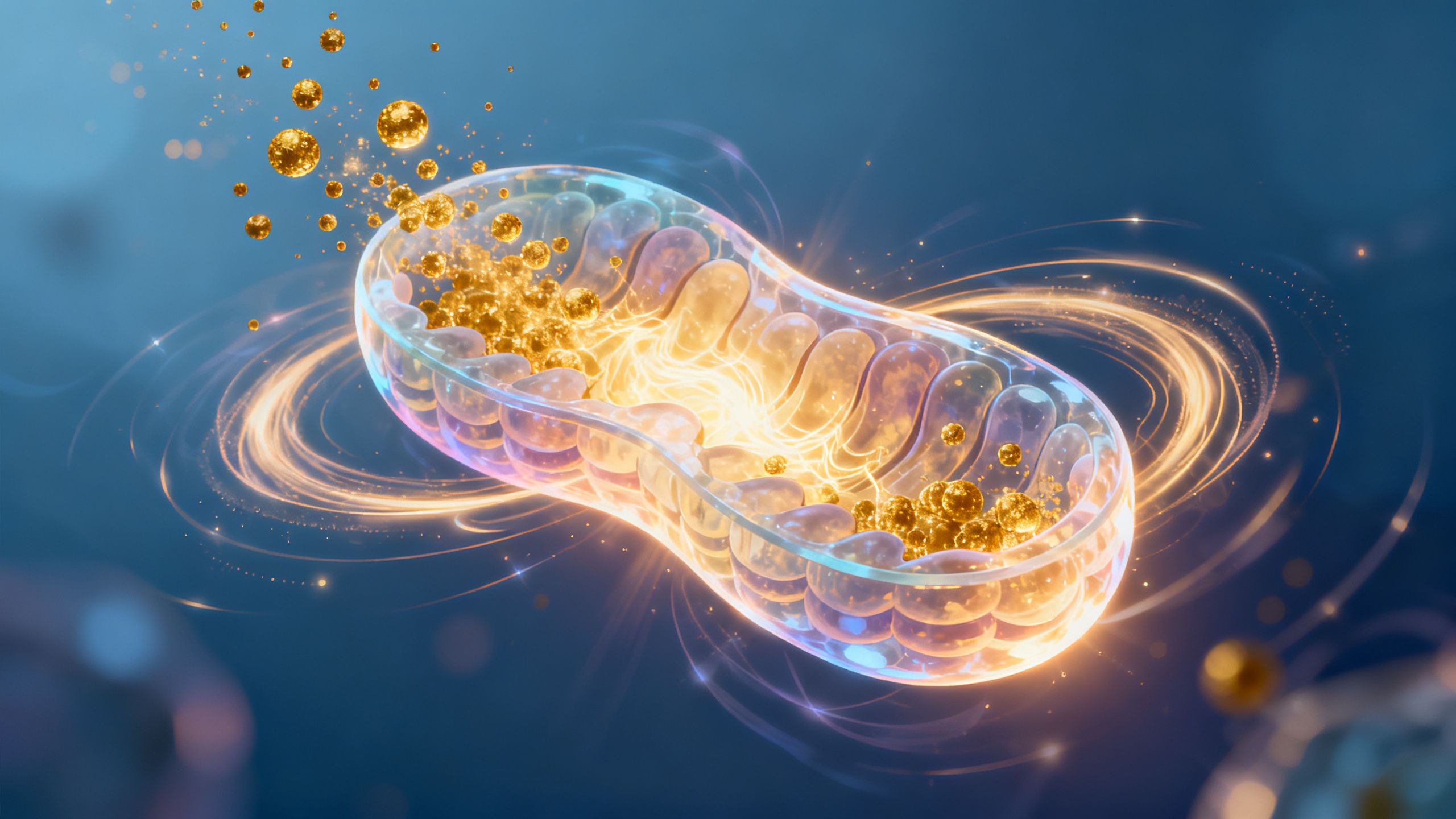 An abstract illustration of a glowing cellular mitochondrion being recharged with energy