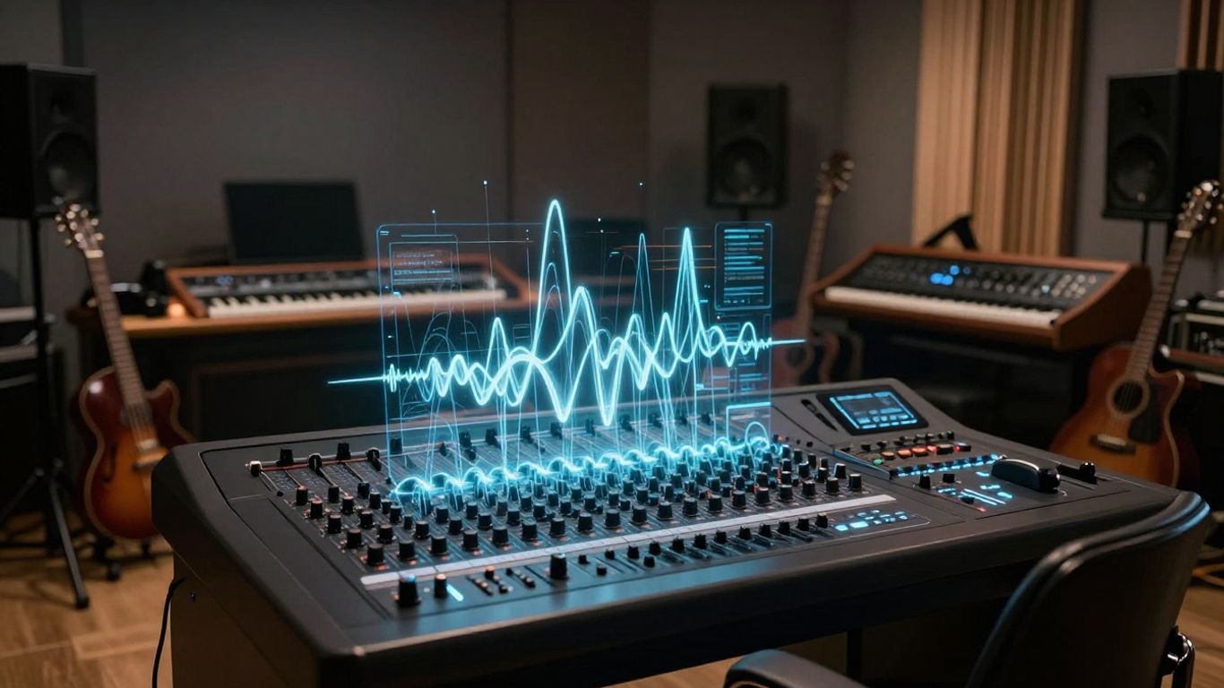 AI composing and singing a song in a studio.