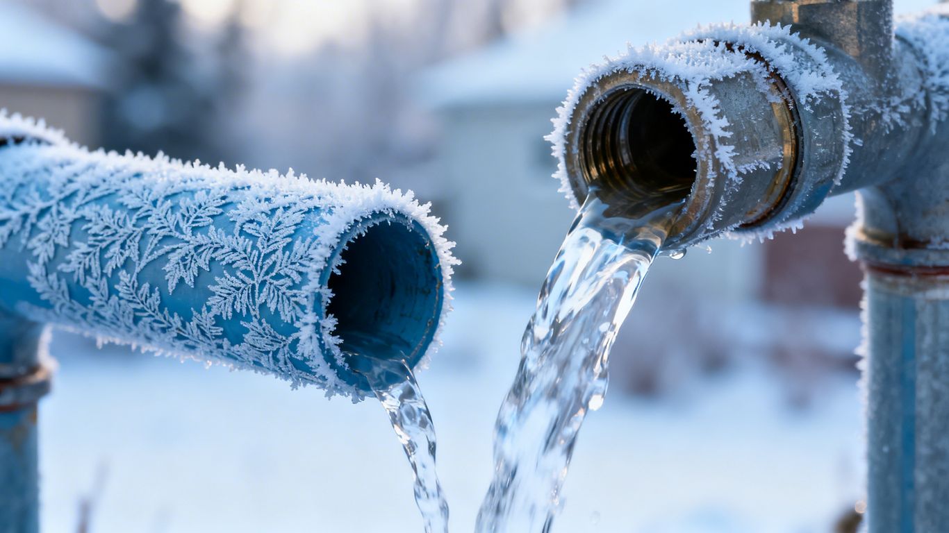 Pipes in winter weather with frost and water flow.
