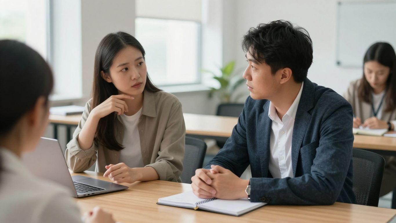 Échange attentif entre deux professionnels