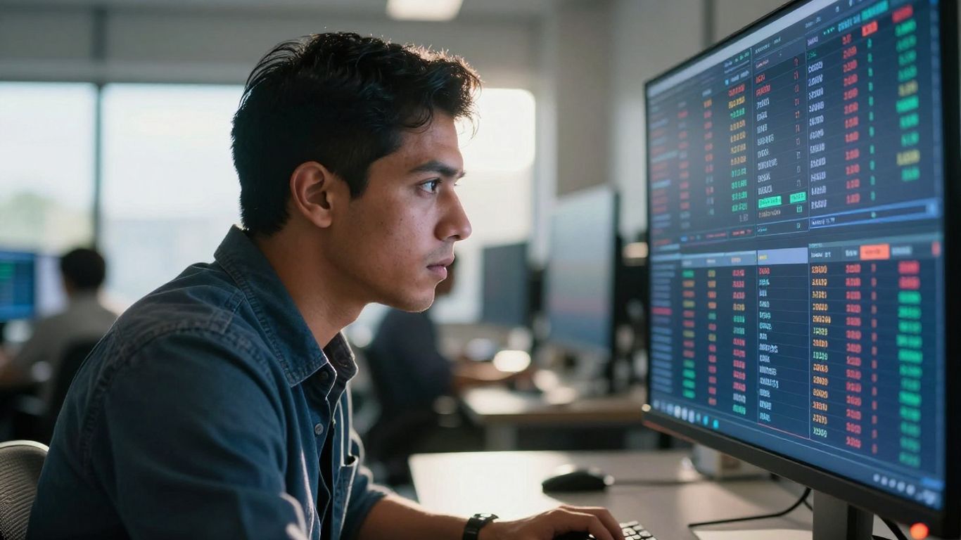 Trader analyzing market data on a digital screen.