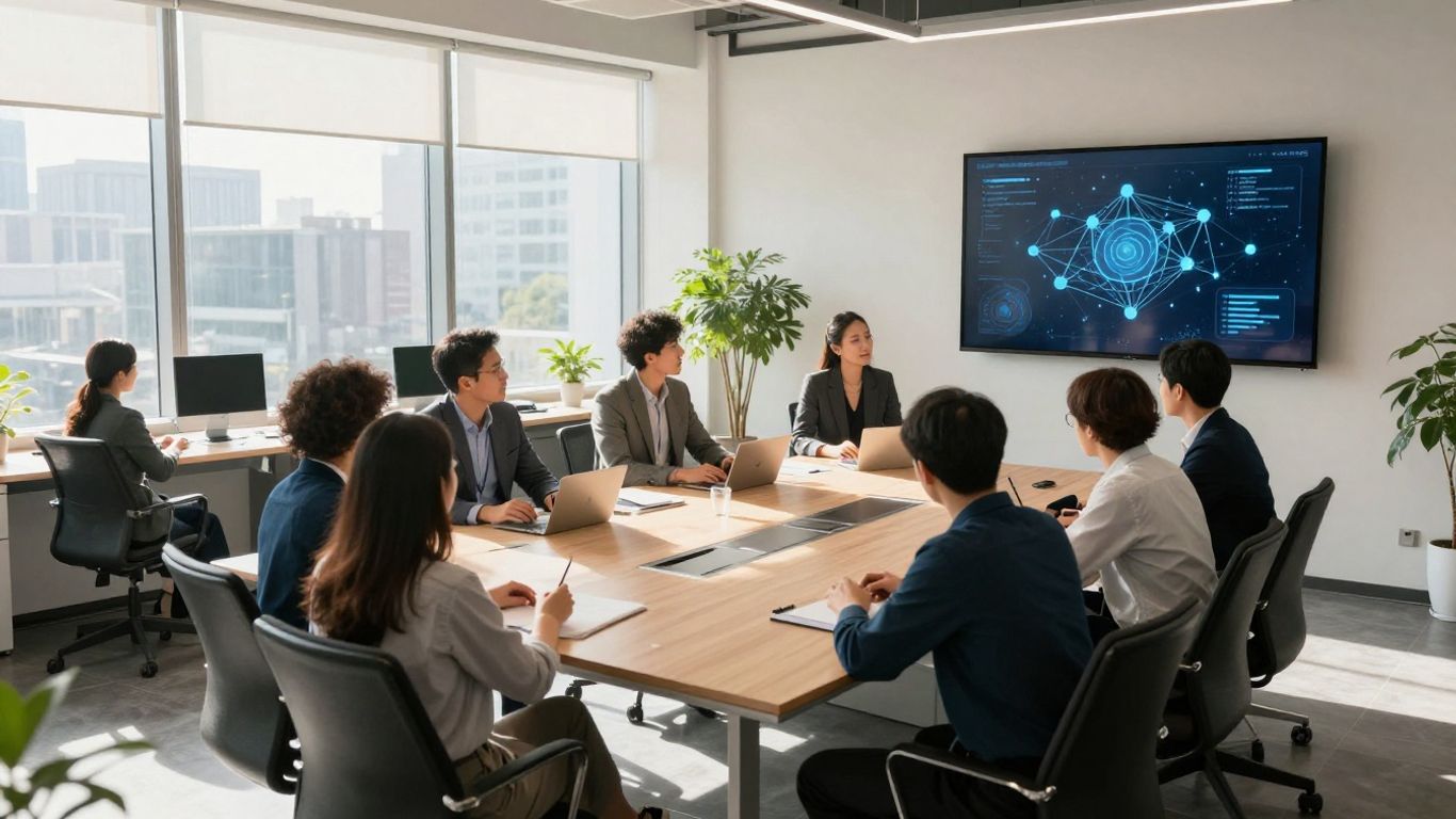 Team strategizing blockchain integration in a modern office.
