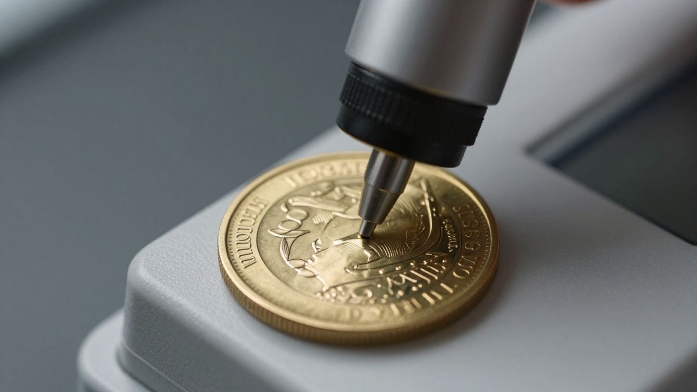 Coin ping test device hovering over gold coin.