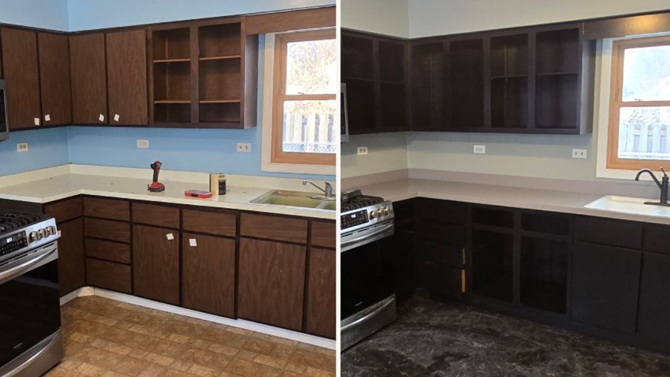 Kitchen renovation before and after: dark cabinets, new flooring, and updated fixtures.