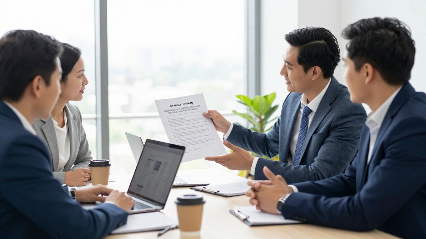 Executive reviewing revenue plan with founders