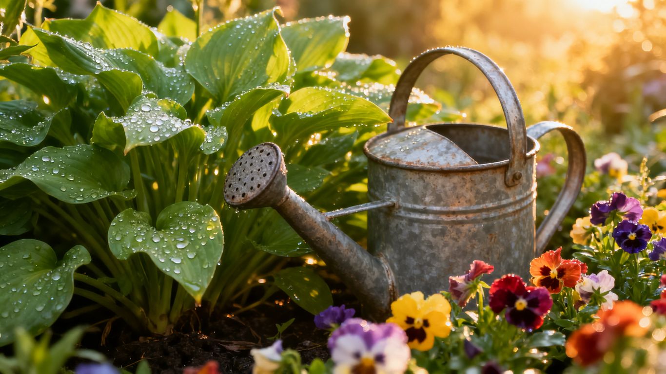 Perennial garden with watering can and colorful flowers.